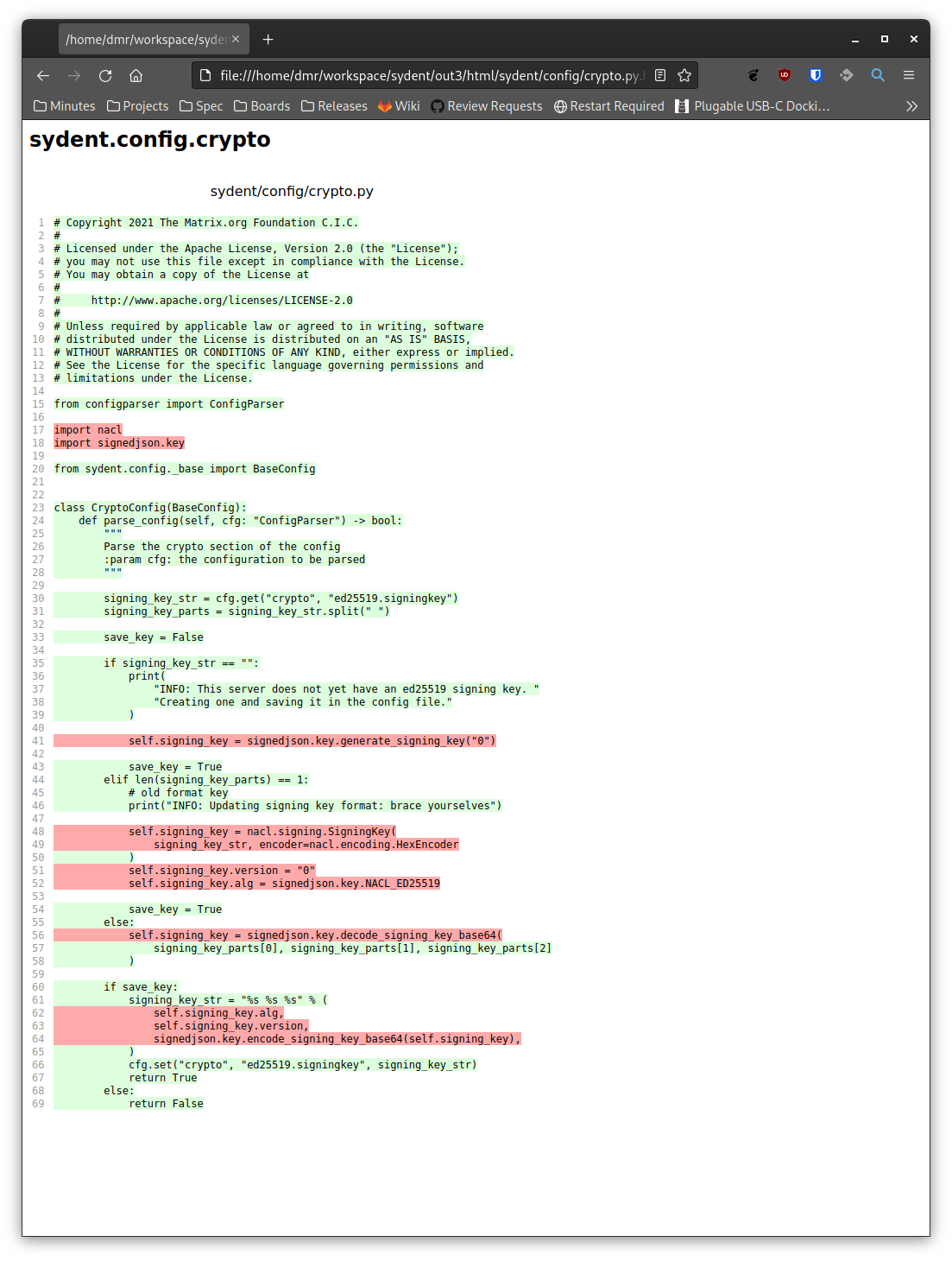 HTML report, module page. Most lines of source code are highlighted green; a minority are highlighted red.