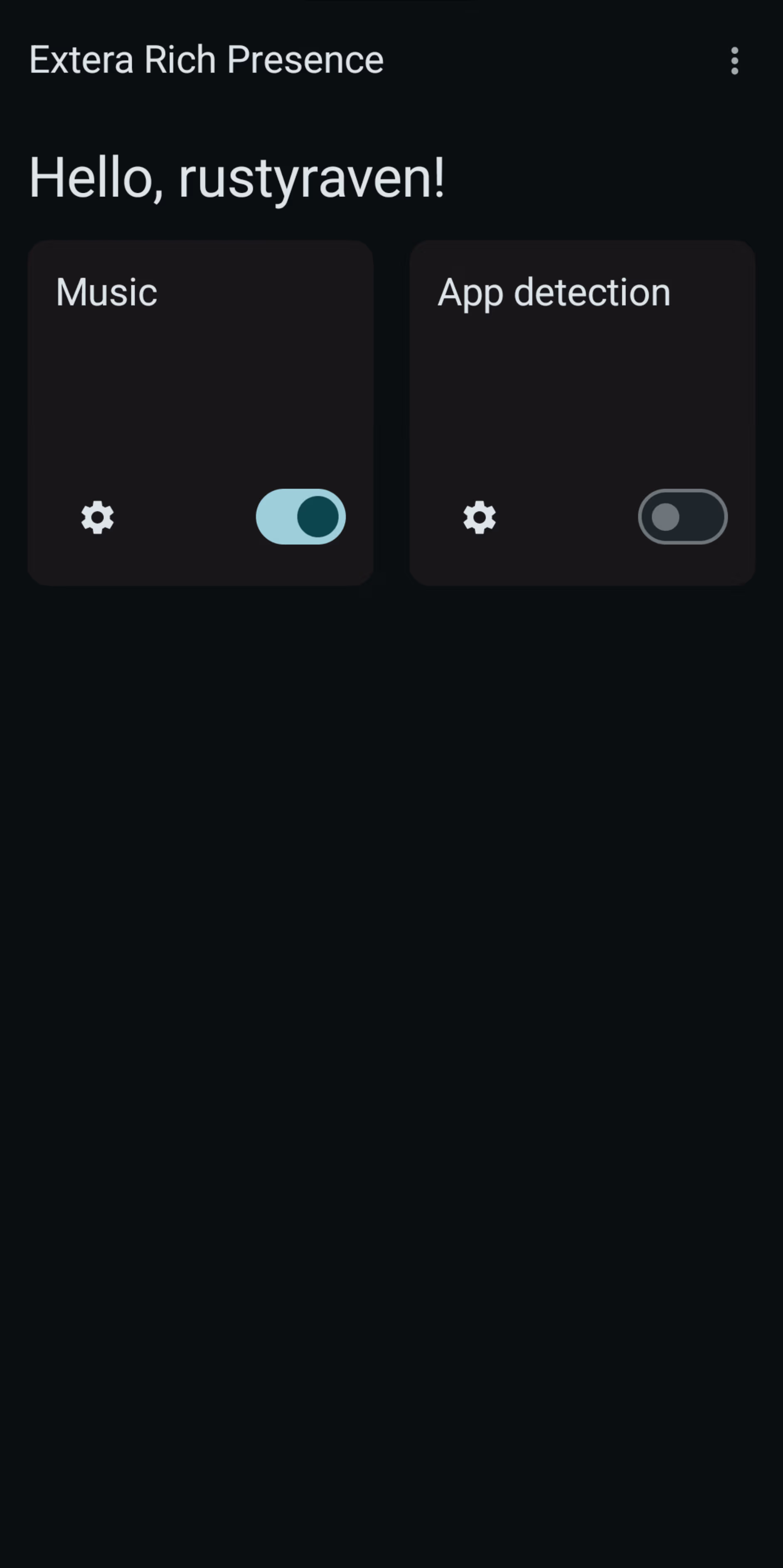 Screenshot of Extera Rich Presence on Android. The option to share currently playing music is enabled, and the option to share the current app in use is disabled.
